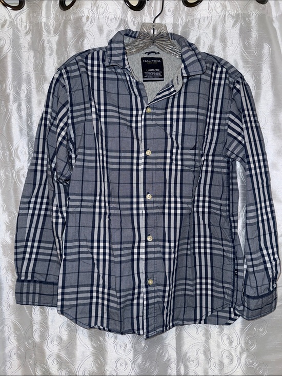 Nautica Tops - Nautica Gray and Navy Plaid Long-Sleeve Button-Down Shirt Women’s Size L 🔥 G11